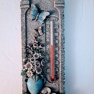 Vintage Wall Thermometer w/ Flowers and Butterflies by Spoontiques 7.5"